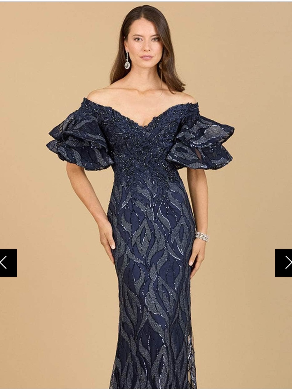 LARA Navy Off-the-Shoulder One-Shoulder Evening Gown with Ruffled Short Sleeve